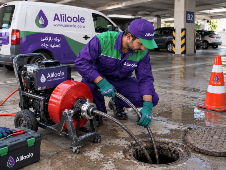 باز کردن لوله فاضلاب پارکینگ در کوهسار کرج با دستگاه فنر برقی توسط تکنسین Aliloole